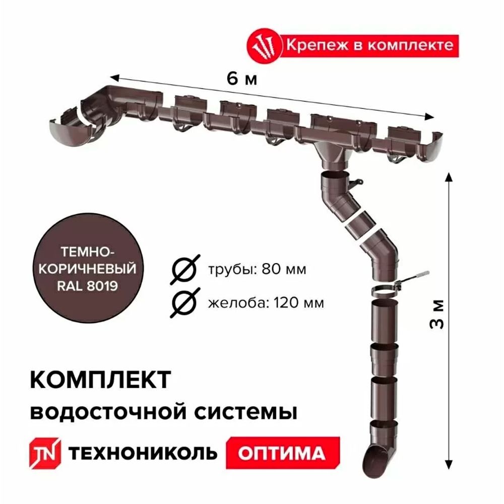 Комплект водосточной системы ТЕХНОНИКОЛЬ ОПТИМА для ската 6 м (труба 1,5м), темно-коричневый