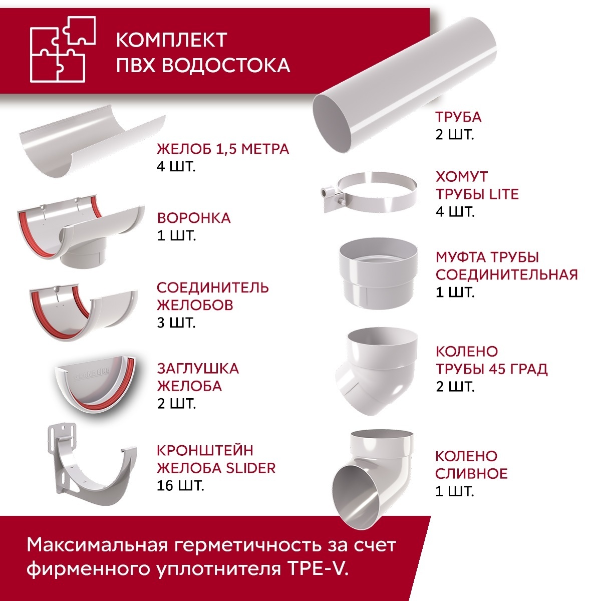 Комплект водосточной системы Классика 120 ПВХ Grand Line, 6 м/3м белый (RAL 9003)