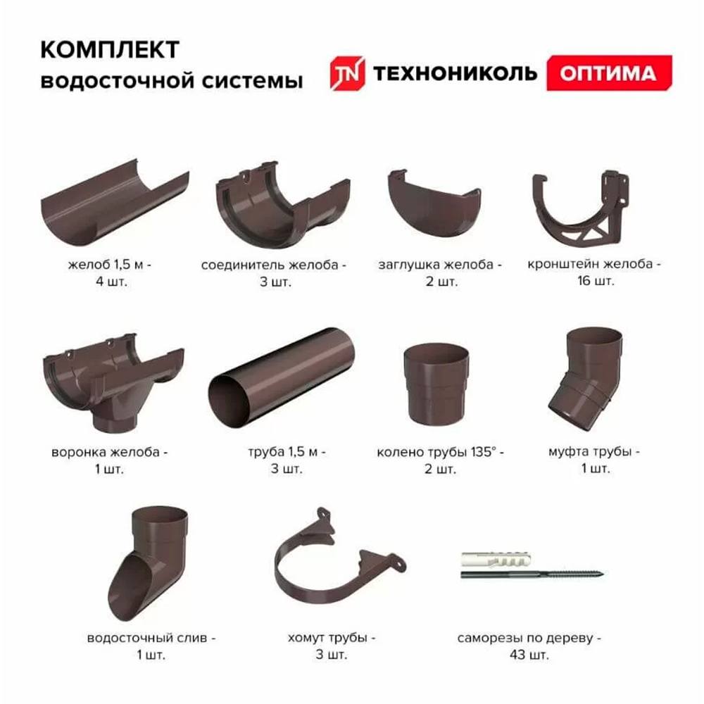 Комплект водосточной системы ТЕХНОНИКОЛЬ ОПТИМА для ската 6 м (труба 1,5м), темно-коричневый