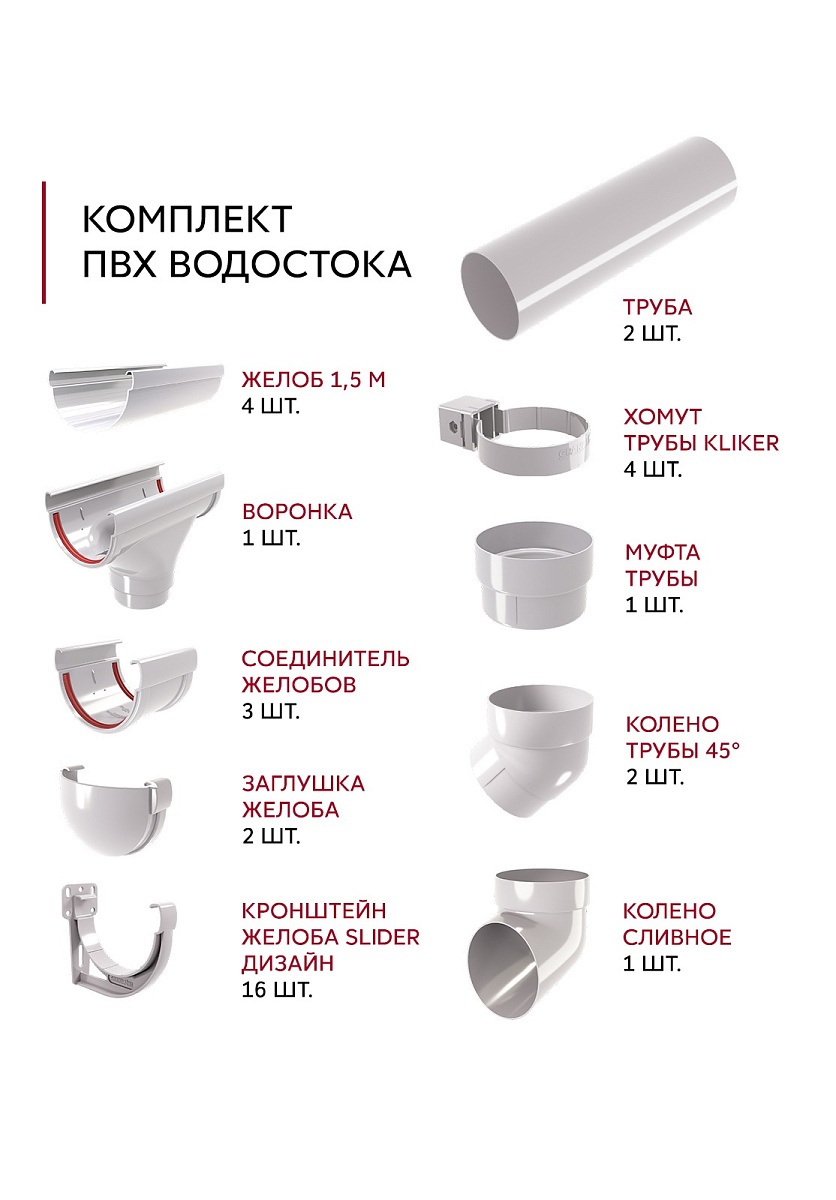 Комплект водосточной системы Дизайн 135 ПВХ Grand Line, 6м/3м белый (RAL 9003)